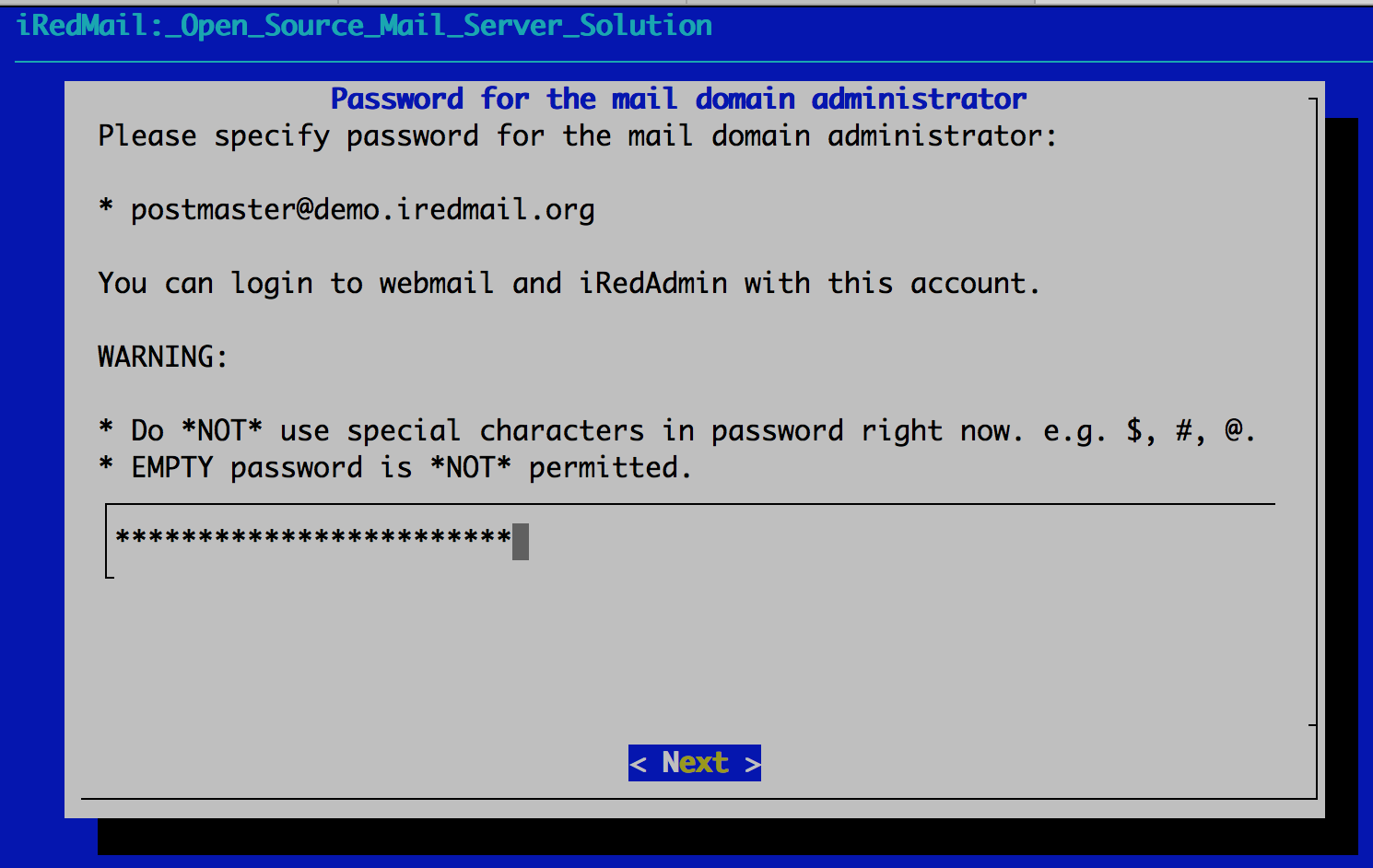 Password specified. IREDMAIL. IREDMAIL установка и настройка. IREDMAIL 0.9.9. Почтовый сервер на Ubuntu 20.04.